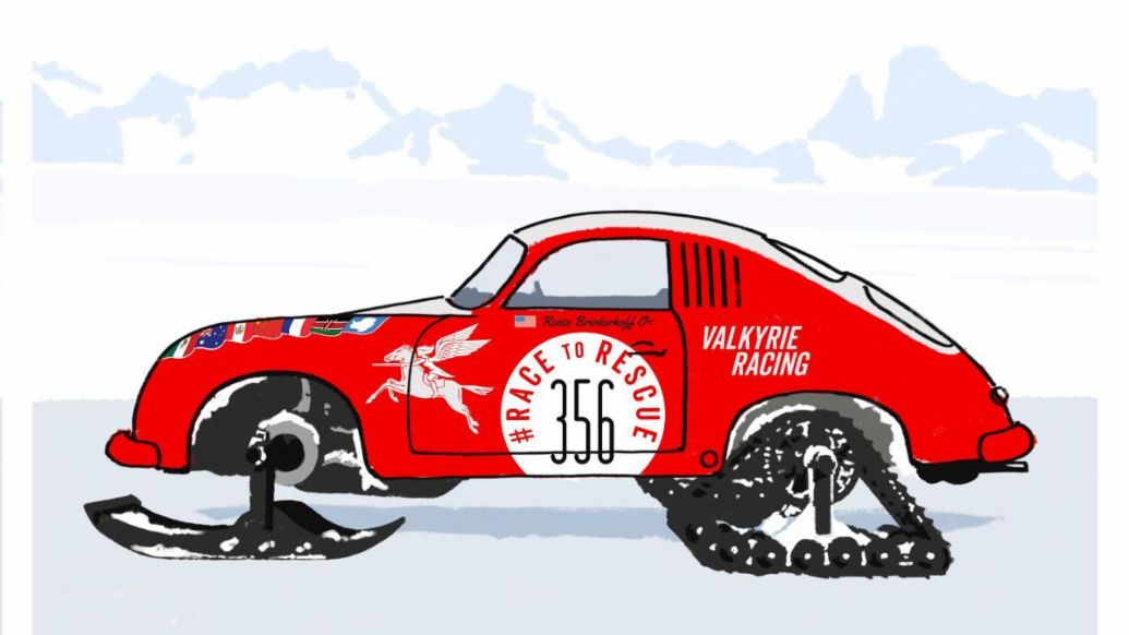 Artist rendering of Renee Brinkerhoff’s Porsche 356 as it will appear for the Antarctica drive. Among the changes, the 356 will be running on skis and tracks instead of the familiar four wheels, and be featuring a bright red wrap instead of its silver paint, which would almost be invisible in the snow and ice., Photo: Dwight Knowlton 